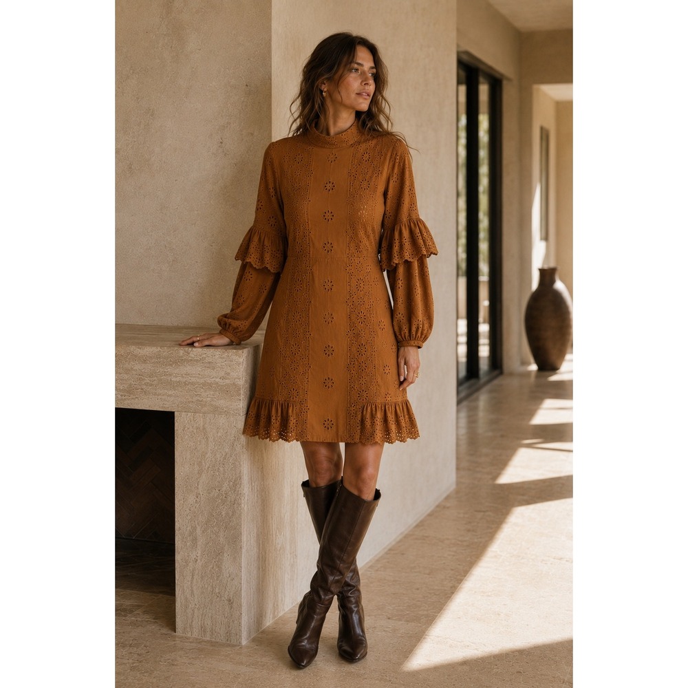 THURLEY Lillian Dress Eyelet Cotton Mock Neck Ruffle Sleeve Caramel 4